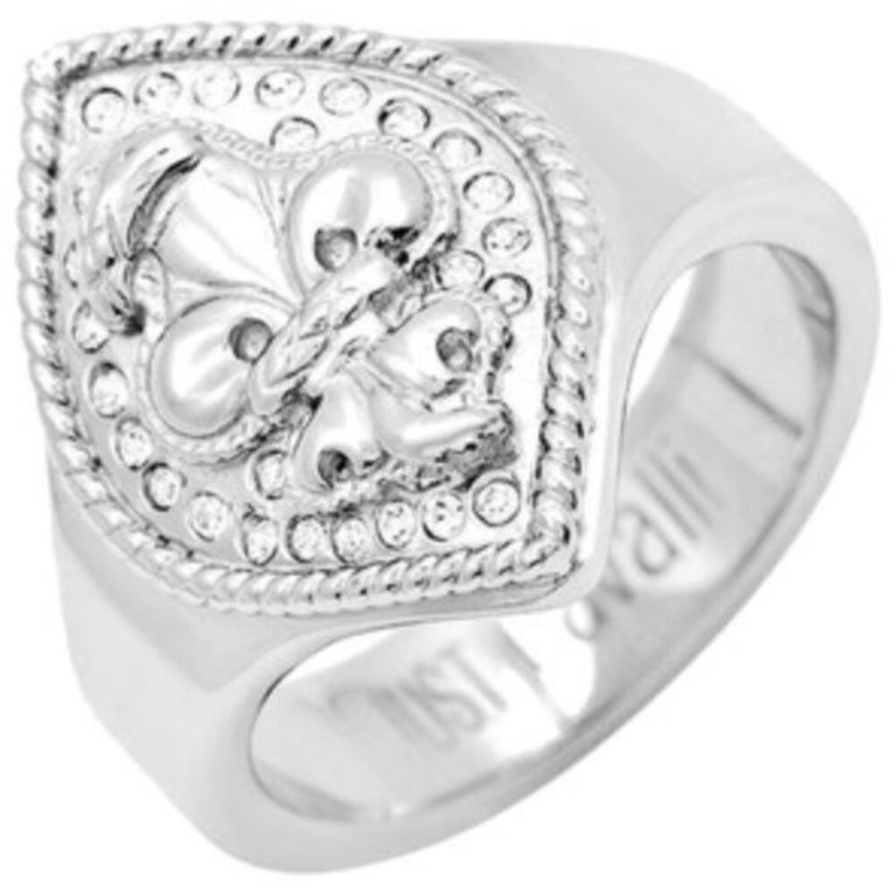 Just Cavalli Designer Fleur De Lis Ring Silvertone with Crystals